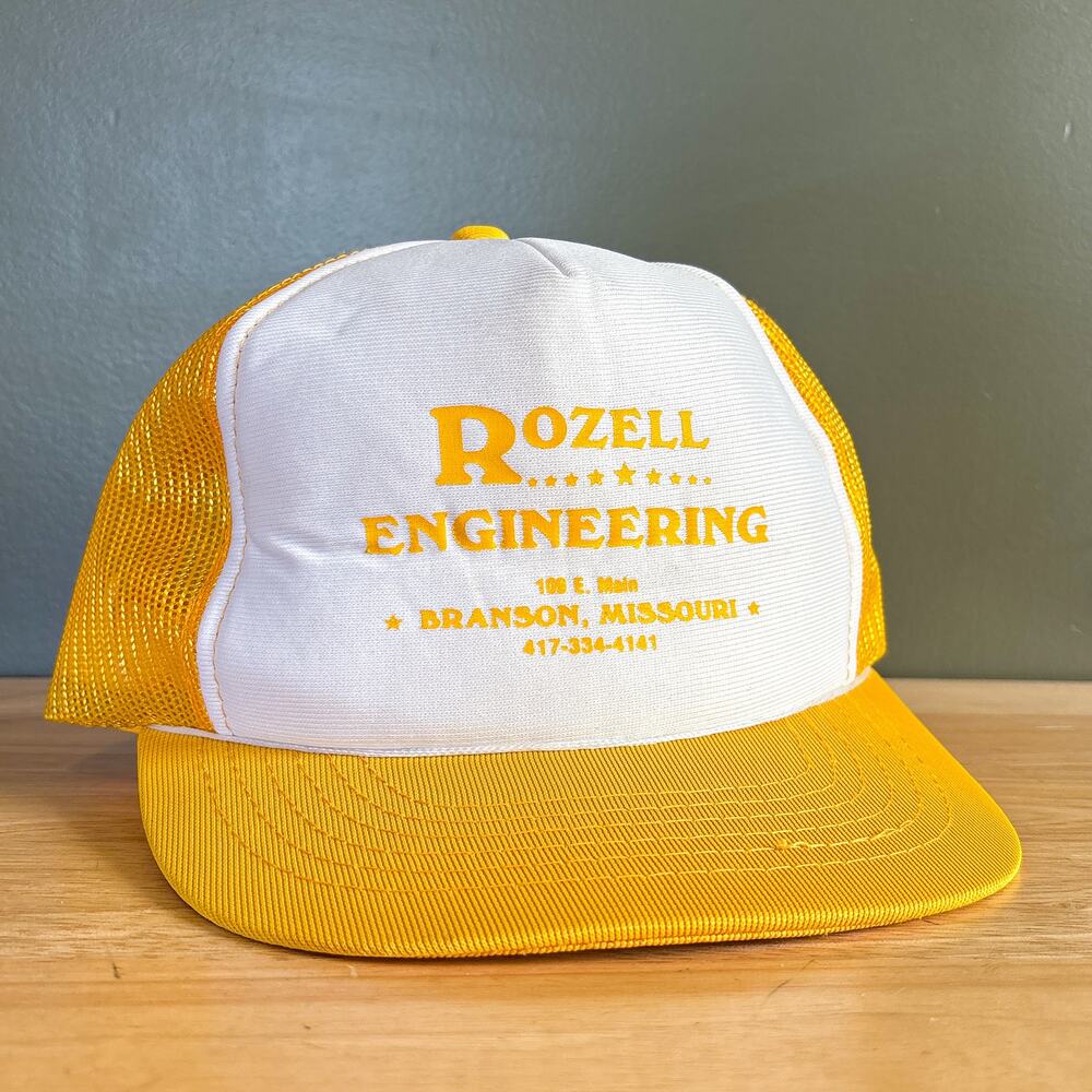 Vintage Rozell Engineering Branson MO Yellow White Mesh Trucker Snapback Hat